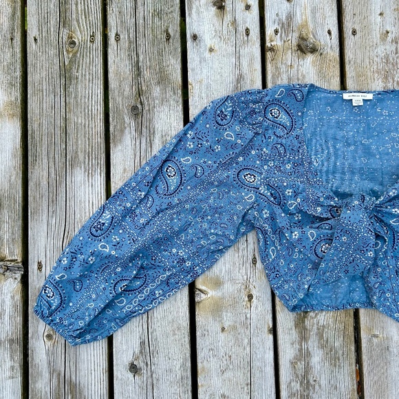 American Eagle⎪Paisley Blue Linen Blend Tie-Front Top - Picture 7 of 8